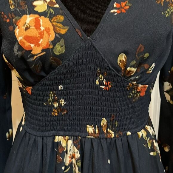 Fall Floral Cinched Elastic Waist Long Sleeved Dress - Picture 2 of 7